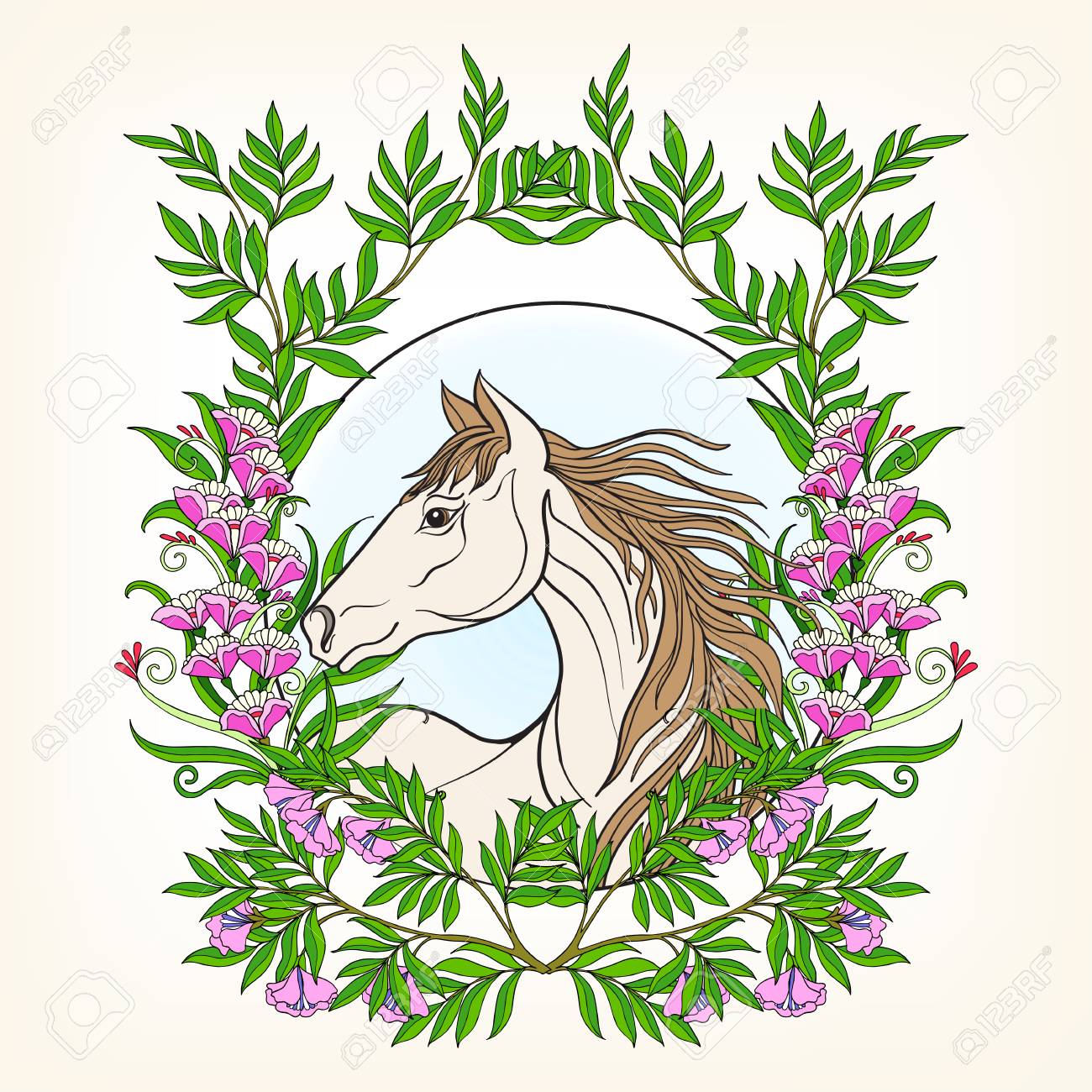 Cheval Dans Le Jardin Illustration Coloree Bon Pour La Carte De Voeux Pour L Anniversaire Invitation Ou Une Banniere Clip Art Libres De Droits Vecteurs Et Illustration Image