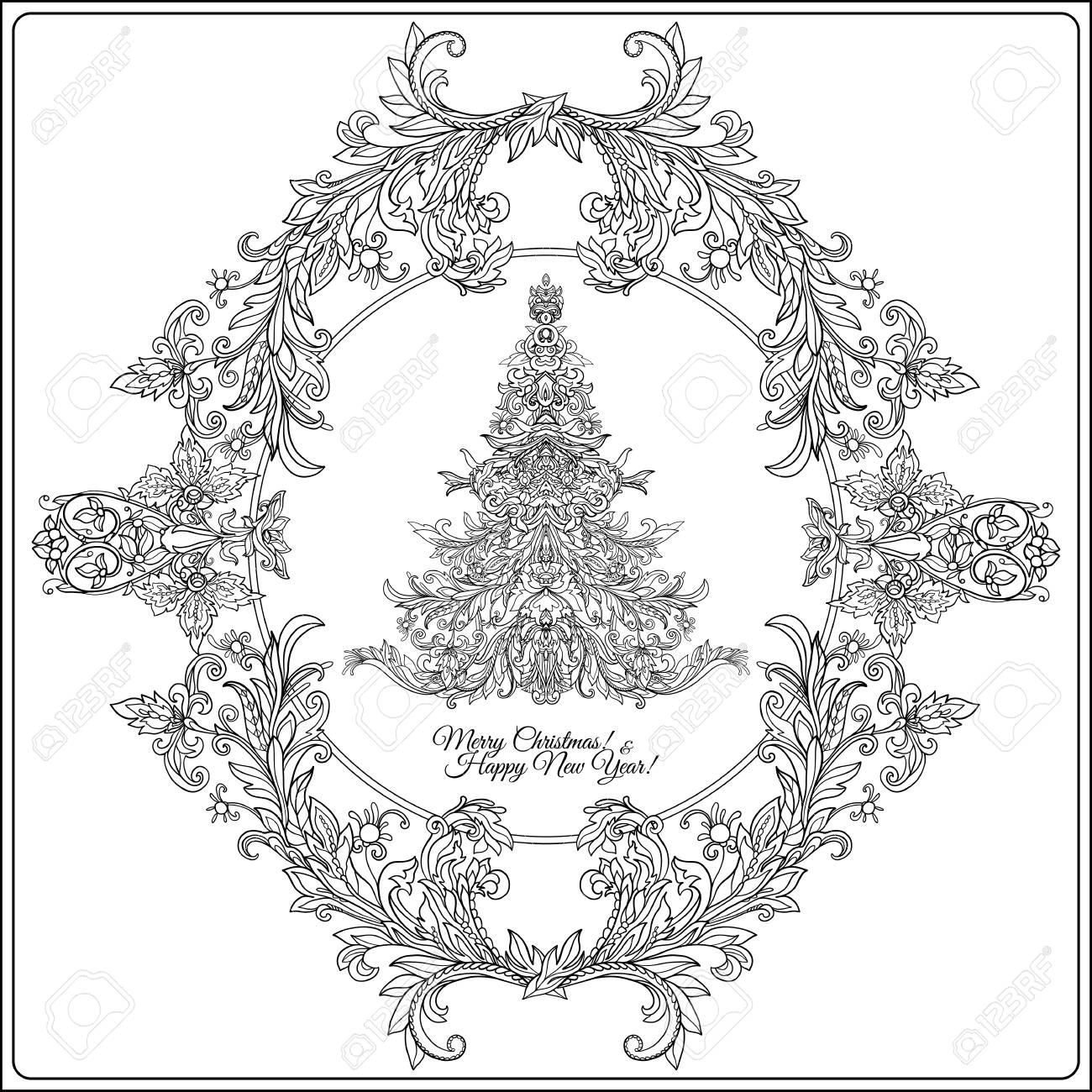中世スタイルのレイアウト枠の装飾クリスマス ツリー 概要図面の着色のページ 大人のための塗り絵 ストック ライン ベクトル イラスト のイラスト素材 ベクタ Image 68055798
