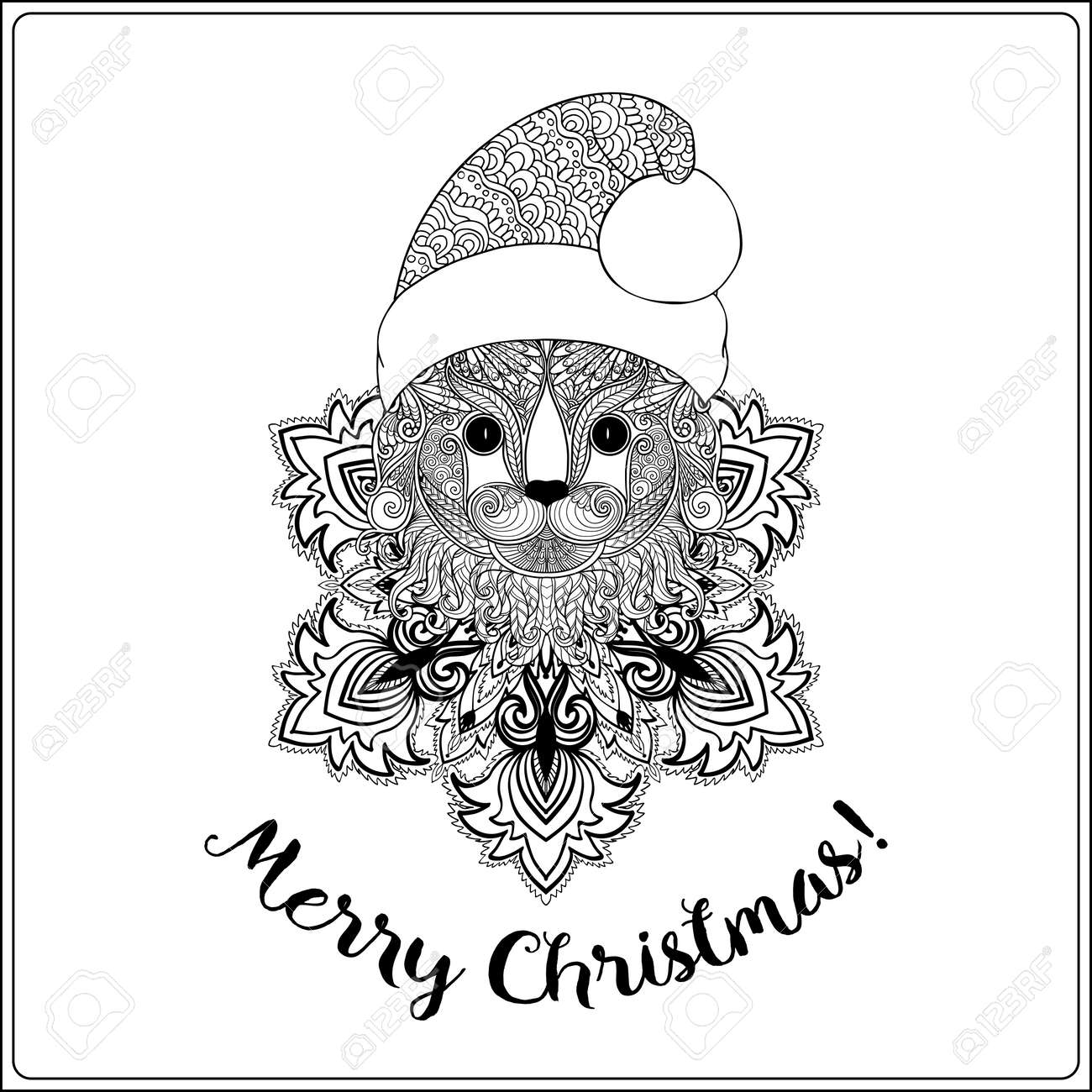 Chat Décoratif à Motifs Dans Le Chapeau Du Père Noël Sur Un Fond De Flocon De Neige Livre De Coloriage Pour Adulte Coloriage Dessin De Contour