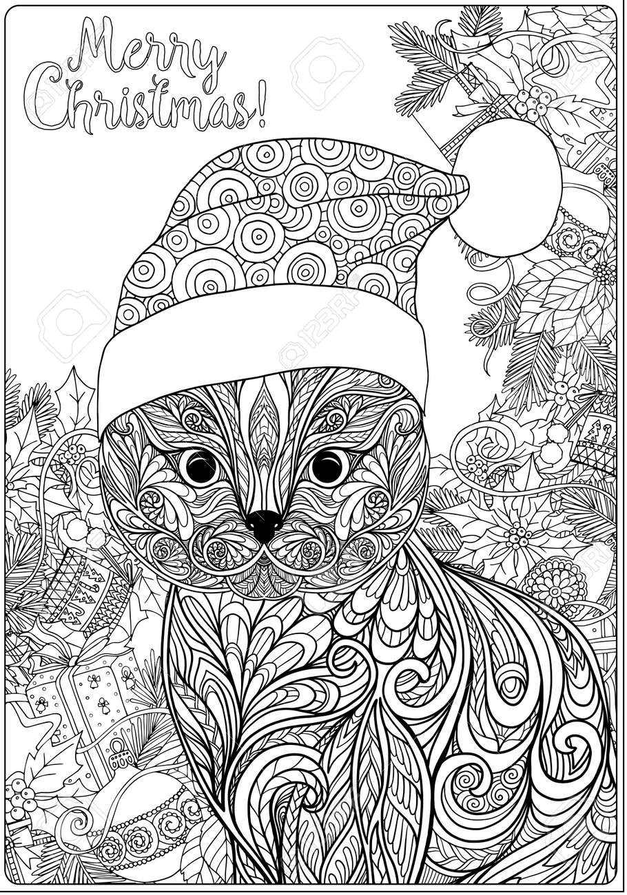Chat A Motifs Decoratifs Dans Le Chapeau Du Pere Noel Sur Un Fond De L Arbre De Noel Avec Des Jouets Et Des Cadeaux Livre A Colorier Pour Adultes Dessin De Dessin De
