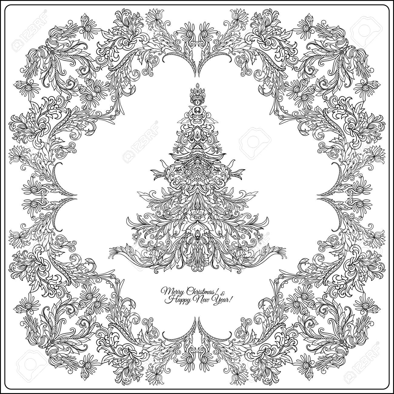 Decorative Christmas tree in the me val style frame Outline drawing coloring page Coloring