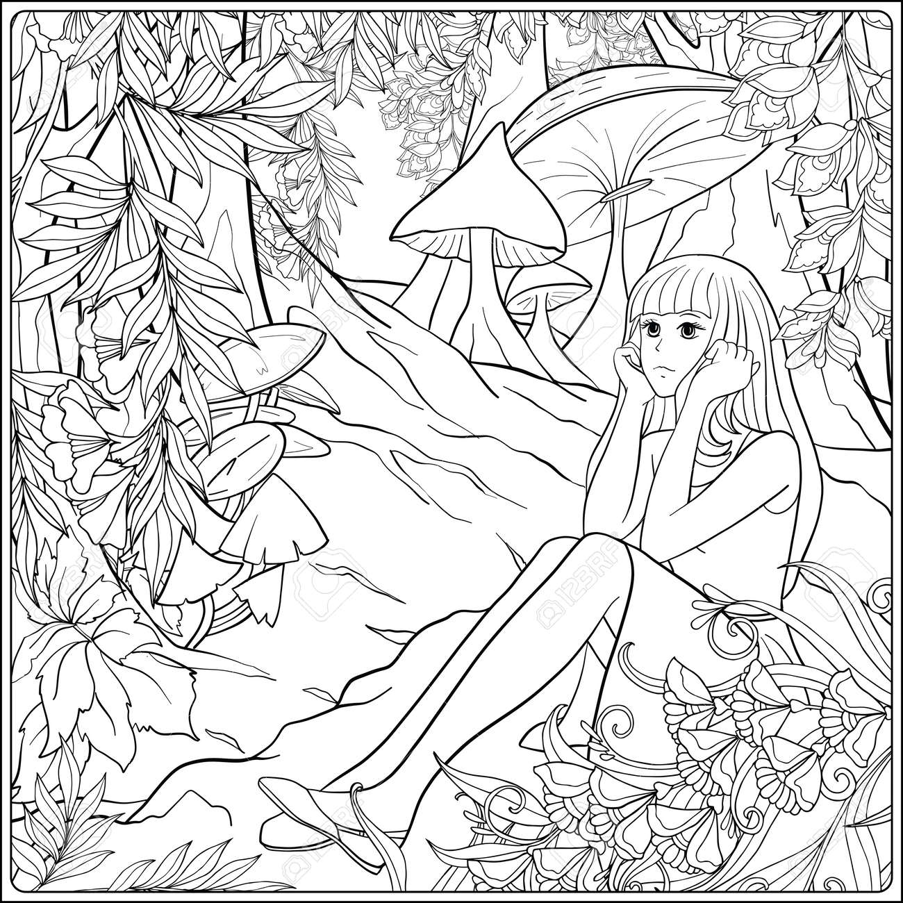 木とキノコの牧草地の森の中の少女アリス 概要図面の着色のページ 大人のための塗り絵 ストック ライン ベクトル イラスト のイラスト素材 ベクタ Image 68056142