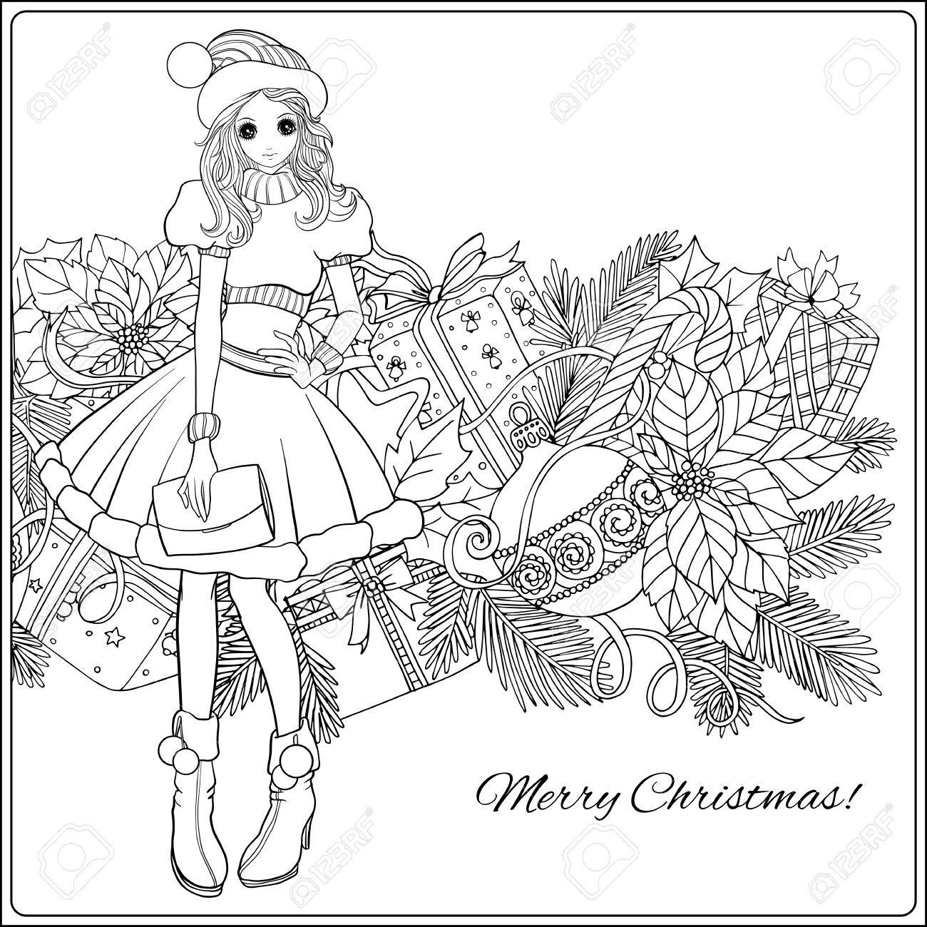 Girl In The Hat Of Santa Claus Costume And Santas Helper With