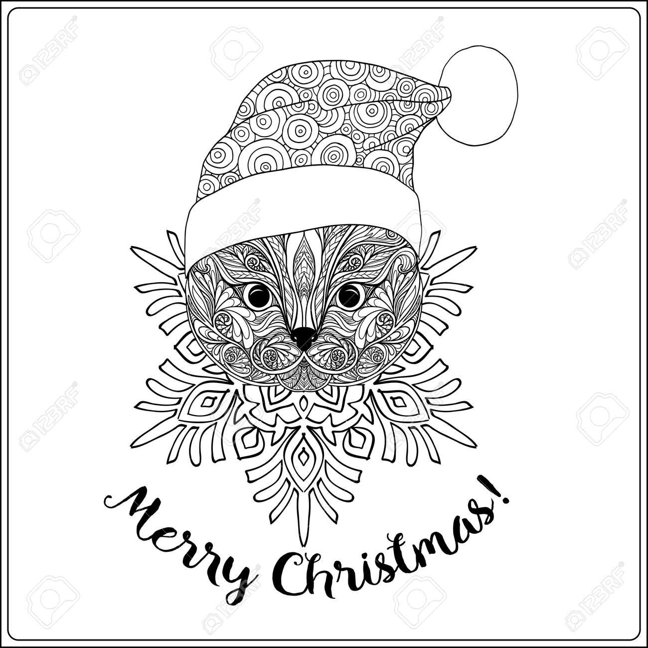 Chat Décoratif à Motifs Dans Le Chapeau Du Père Noël Sur Un Fond De Flocon De Neige Livre De Coloriage Pour Adulte Coloriage Dessin De Contour