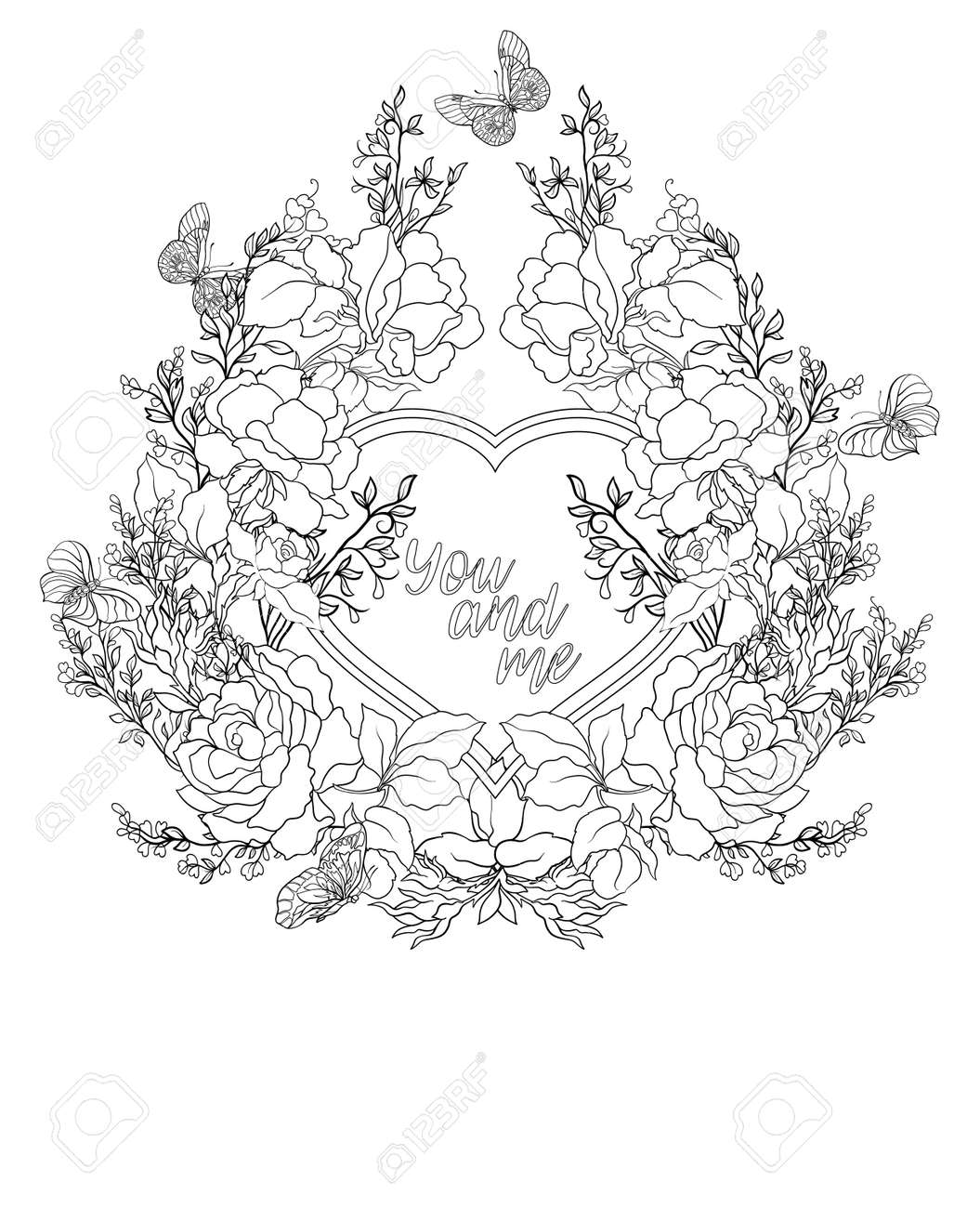 花の背景にテキスト用のスペースを上昇しました 概要図面の着色のページ 大人のための塗り絵 のイラスト素材 ベクタ Image 68061342