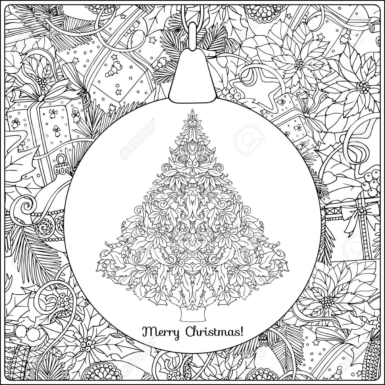christmas tree with ornaments in decorative toy on the background christmas wreath outline