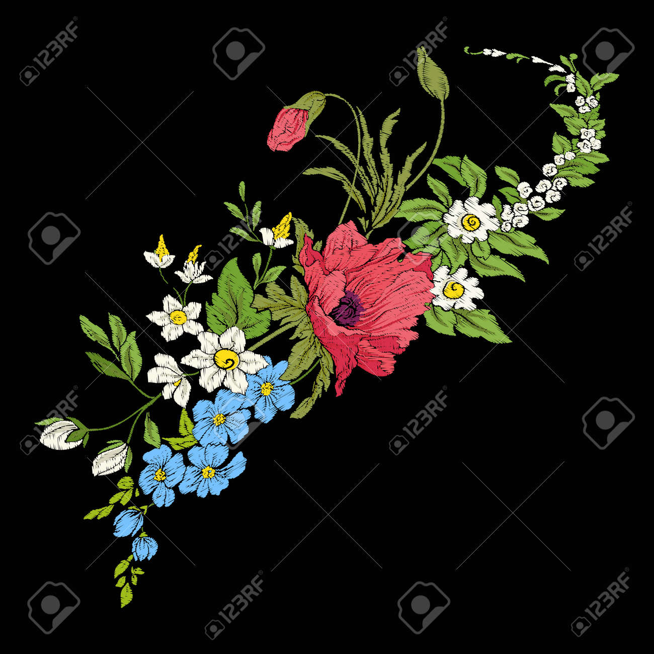 ポピー 水仙 アネモネの刺繍ヴィンテージ花ブーケのイラスト素材 ベクタ Image