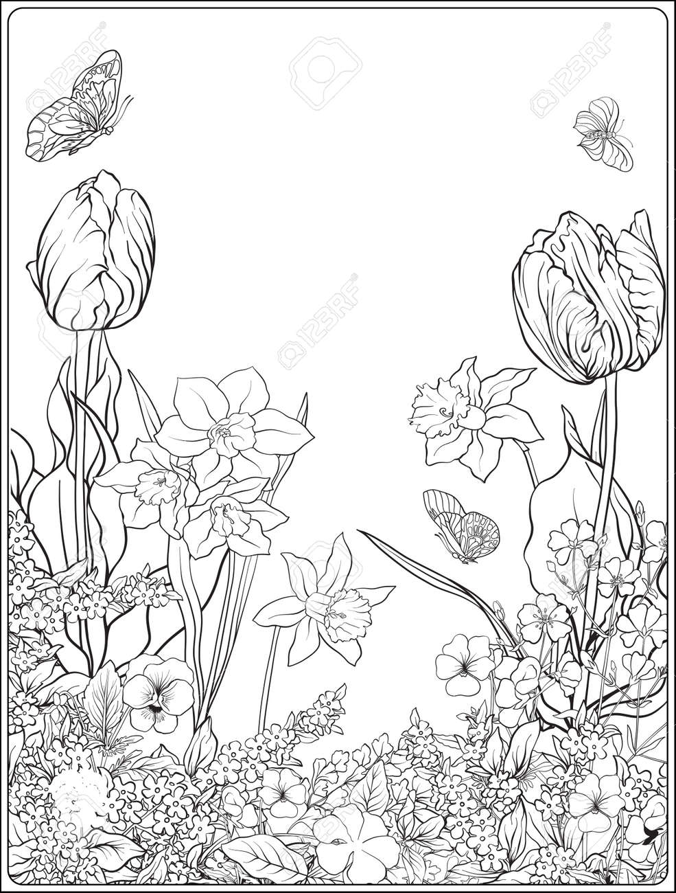 春の花のコンポジション チューリップ 水仙の花 スミレののイラスト素材 ベクタ Image 80553609