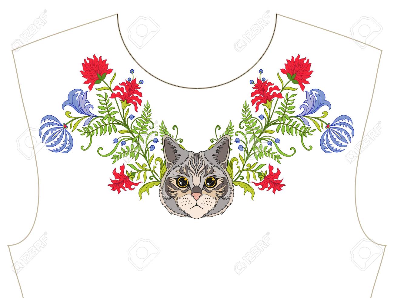 ネックラインのための刺繍 T シャツの襟 ブラウス シャツ 花や猫のパターン ストックベクトルイラスト のイラスト素材 ベクタ Image