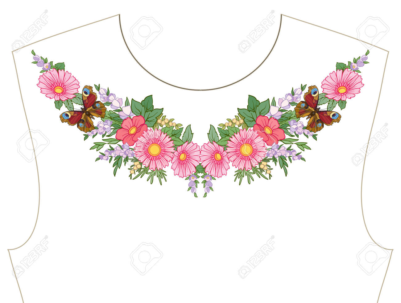 Bordado Para El Escote, Cuello Para La Camiseta, Camisa, Patrón De Flores Y Mariposas. Svg, Vectoriales, Clip Art Libre De Derechos. Image