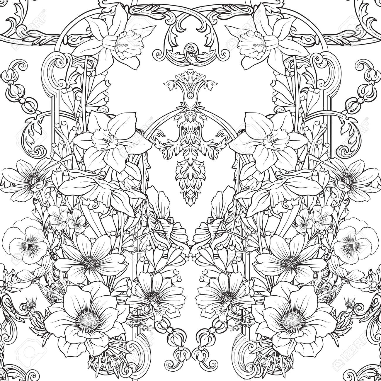 水仙 アネモネ ロココ様式の装飾が施された植物のビンテージ スタイルのスミレのシームレスなパターン 手描きの大人の塗り絵の着色のページの概要を説明します ストック ライン ベクトル イラスト のイラスト素材 ベクタ Image 水仙 アネモネ ロココ様式の装飾が施された植物のビンテージ スタイルのスミレのシームレスなパターン 手描きの大人の塗り絵の着色のページの概要を説明します ストック ライン ベクトル イラスト のイラスト素材 ベクタ Image