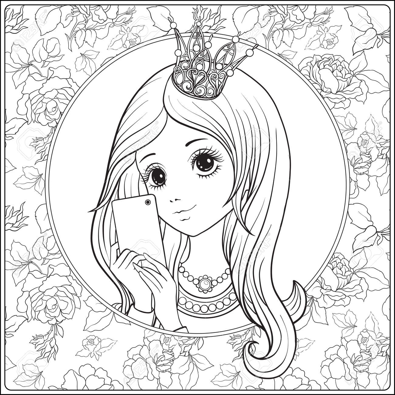 若い素敵な女の子をずっと聞くし 彼女の頭の上のプリンセス クラウン携帯電話上の Selfie や写真の作る 概要図面の着色のページ 大人のための塗り絵 株式ベクトル のイラスト素材 ベクタ Image 86312012