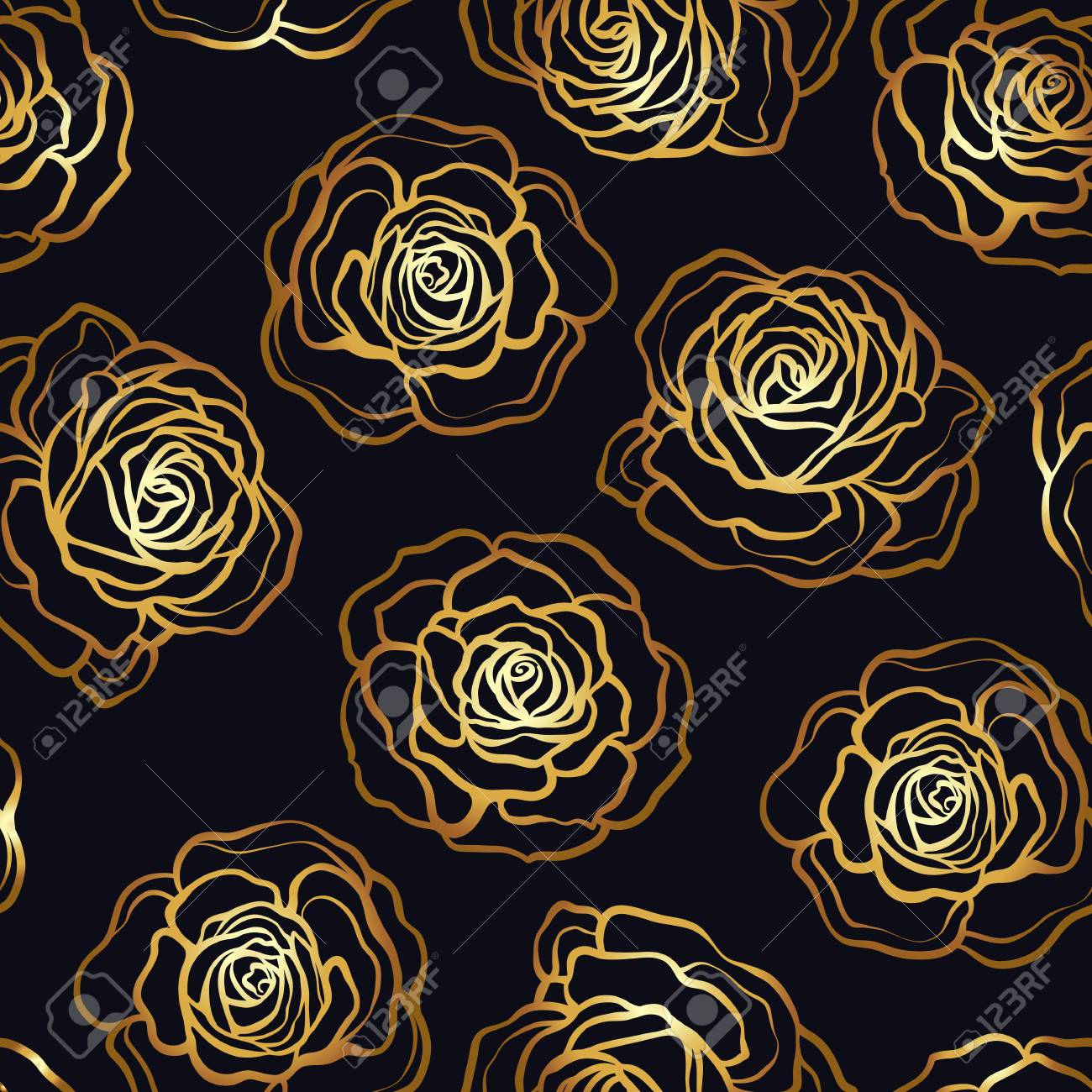 バラの花のシームレスなパターン。黒の背景に金のバラ。Stのイラスト
