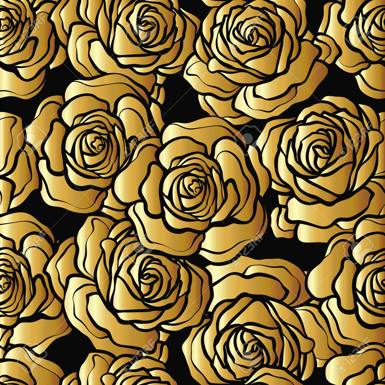 バラの花のシームレスなパターン 黒の背景に金のバラ St のイラスト素材 ベクタ Image