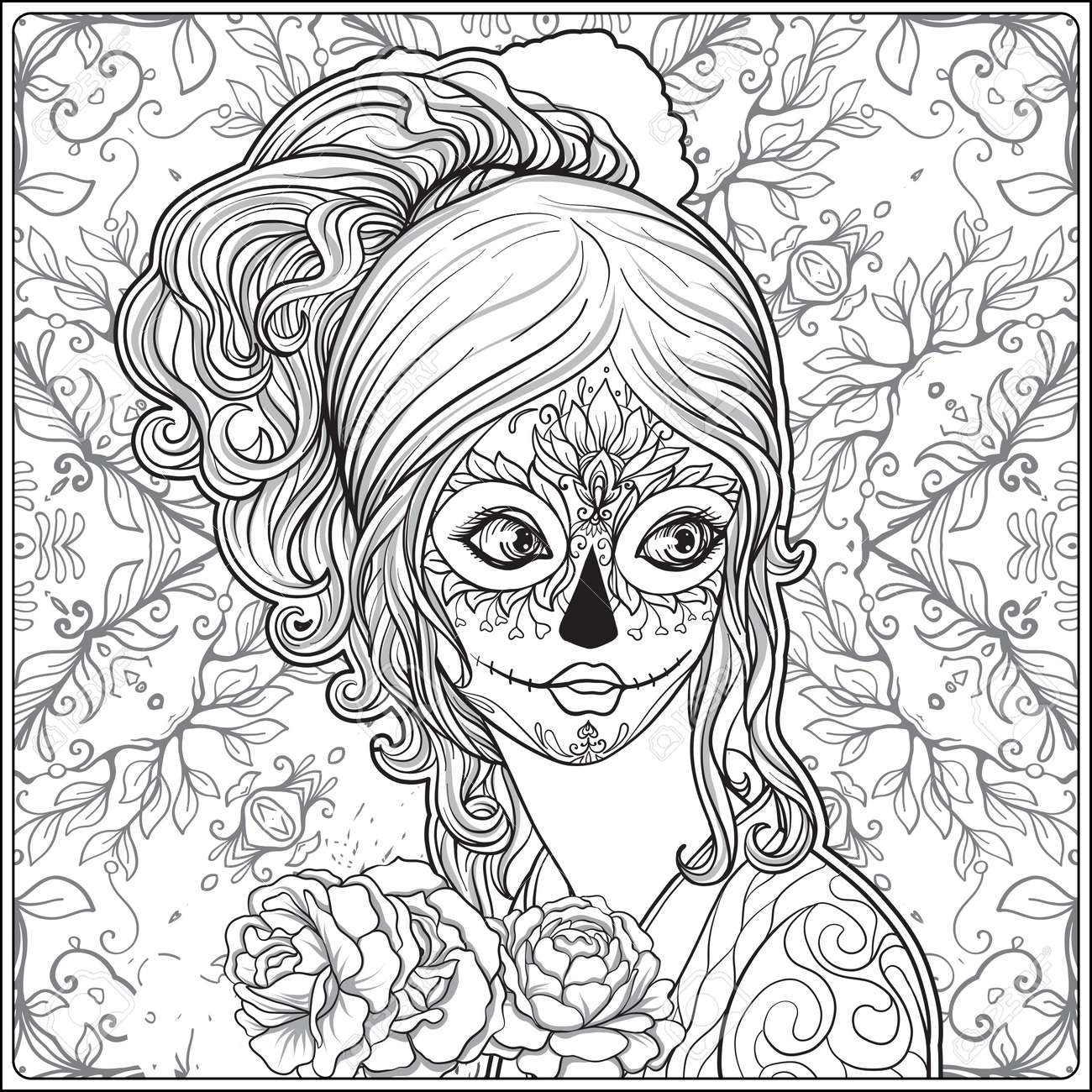 Coloriage Visage Femme Maquillage Portrait D'une Belle Jeune Fille Halloween Ou Jour Des Morts Maquillage Sur Fond Décoratif. Dessiner La Main Coloriage Dessin À La Main Pour Le Livre De Coloriage Adulte. Illustration Vectorielle Stock Clip