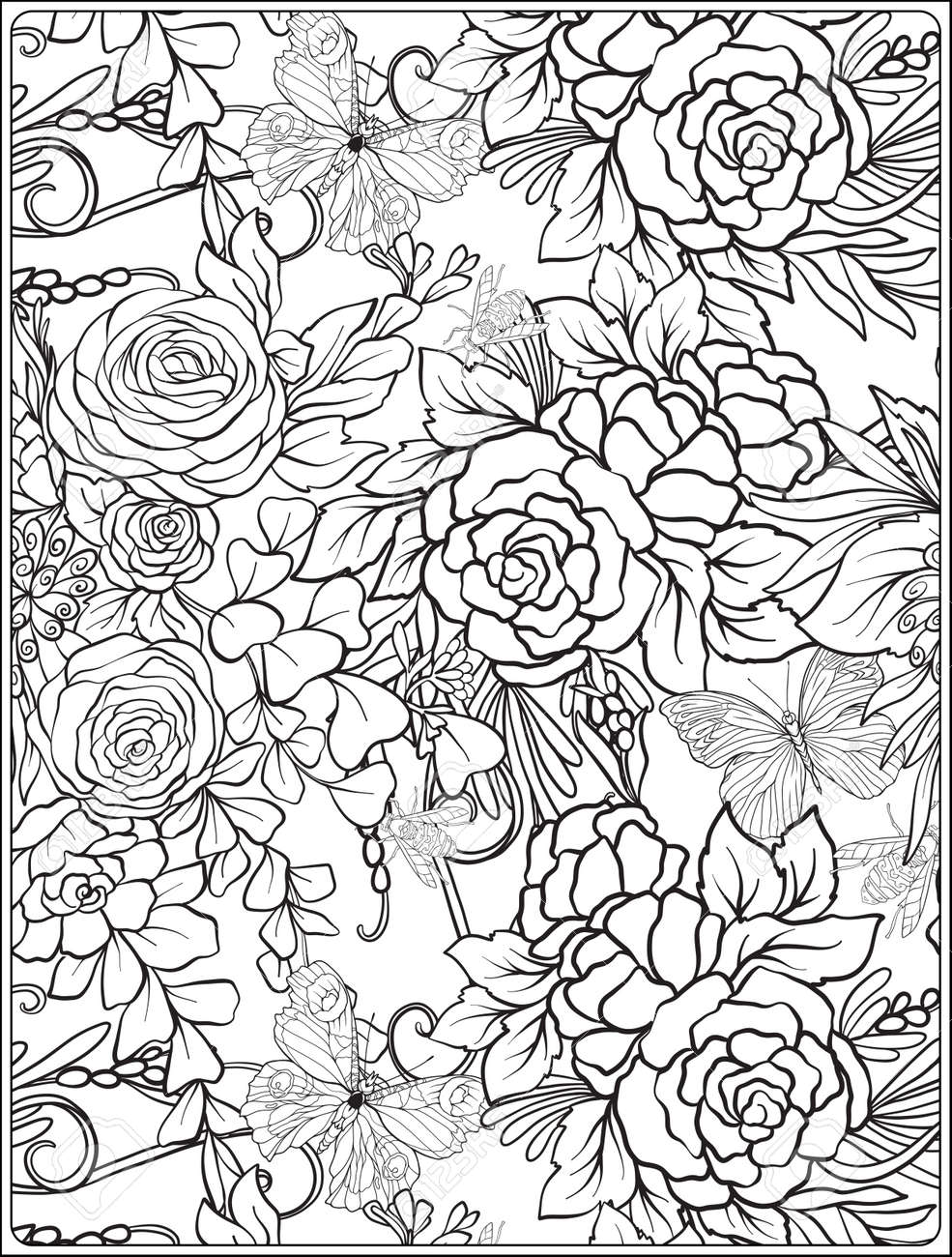 蝶や蜂でリアルな植物と花のシームレスなパターン 印刷のイラスト素材 ベクタ Image 8726