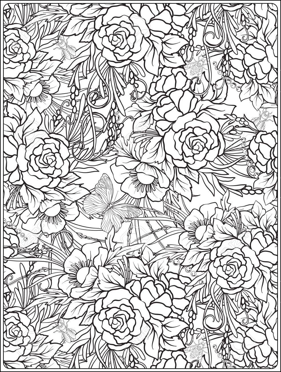 蝶や蜂でリアルな植物と花のシームレスなパターン 印刷のイラスト素材 ベクタ Image