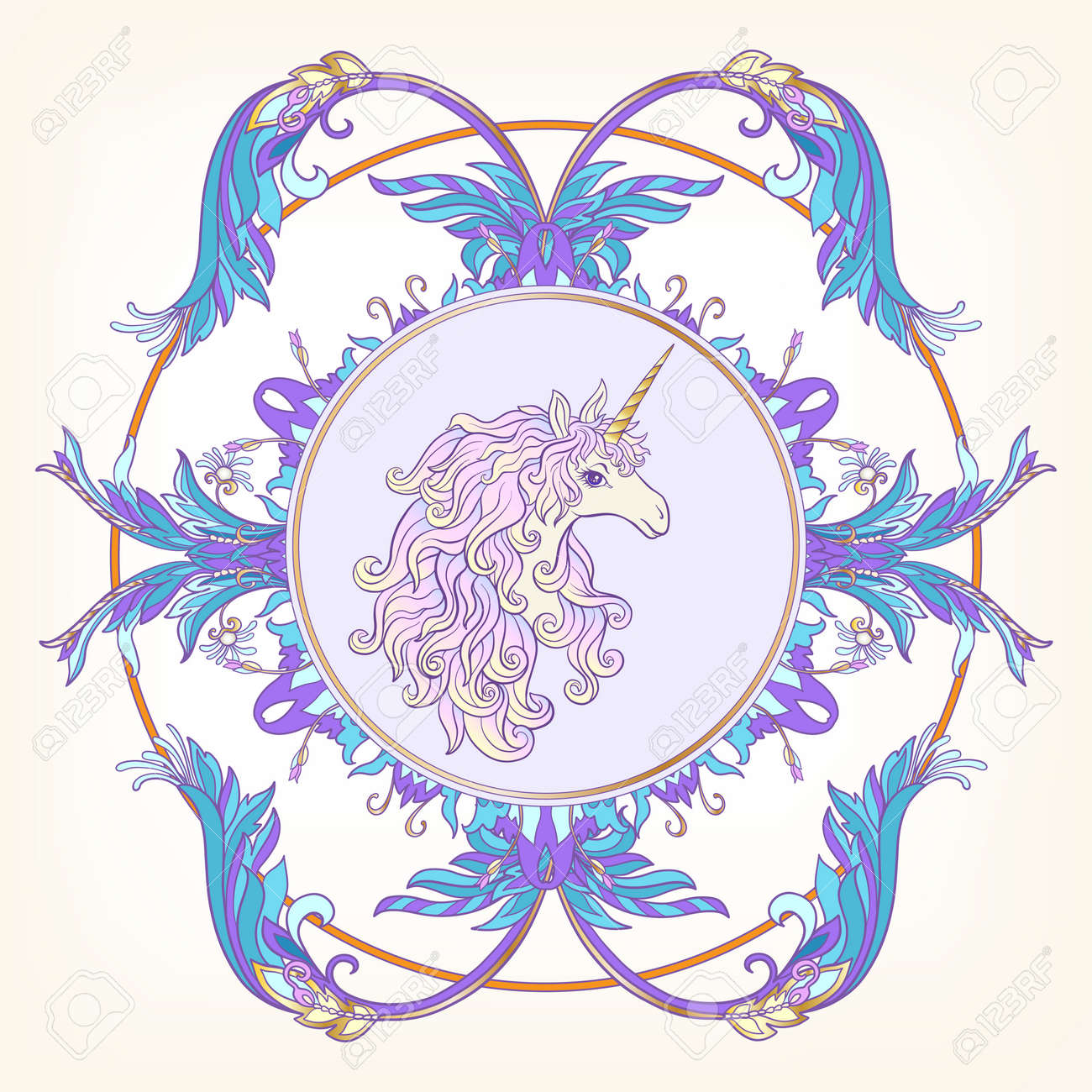 unicorn in the frame arabesque in the royal medieval style royalty