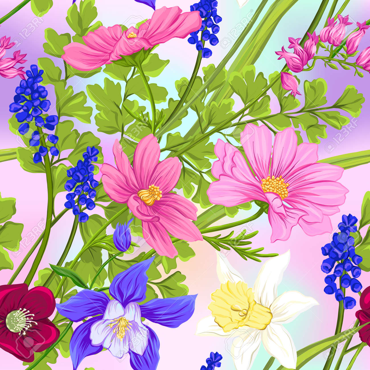 Floral Seamless Pattern Background With Spring Flowers In Light