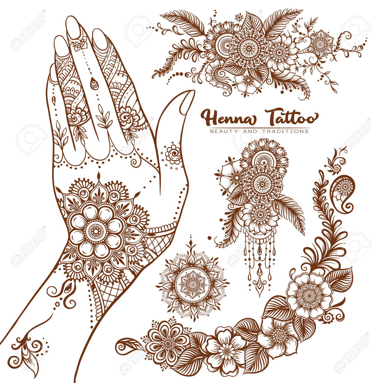 Female Hand And Set Of Traditional Indian Henna Tattoo Elements. Vector  Illustration. Клипарты, SVG, векторы, и Набор Иллюстраций Без Оплаты  Отчислений. Image 147727895