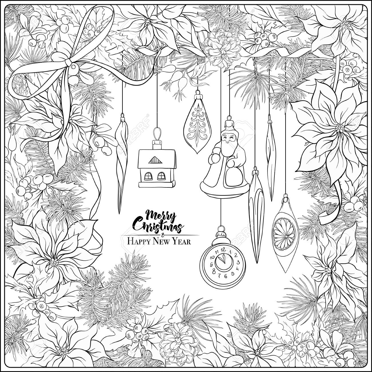 Christmas Wreath Of Spruce, Pine, Poinsettia, Winter Birds ...