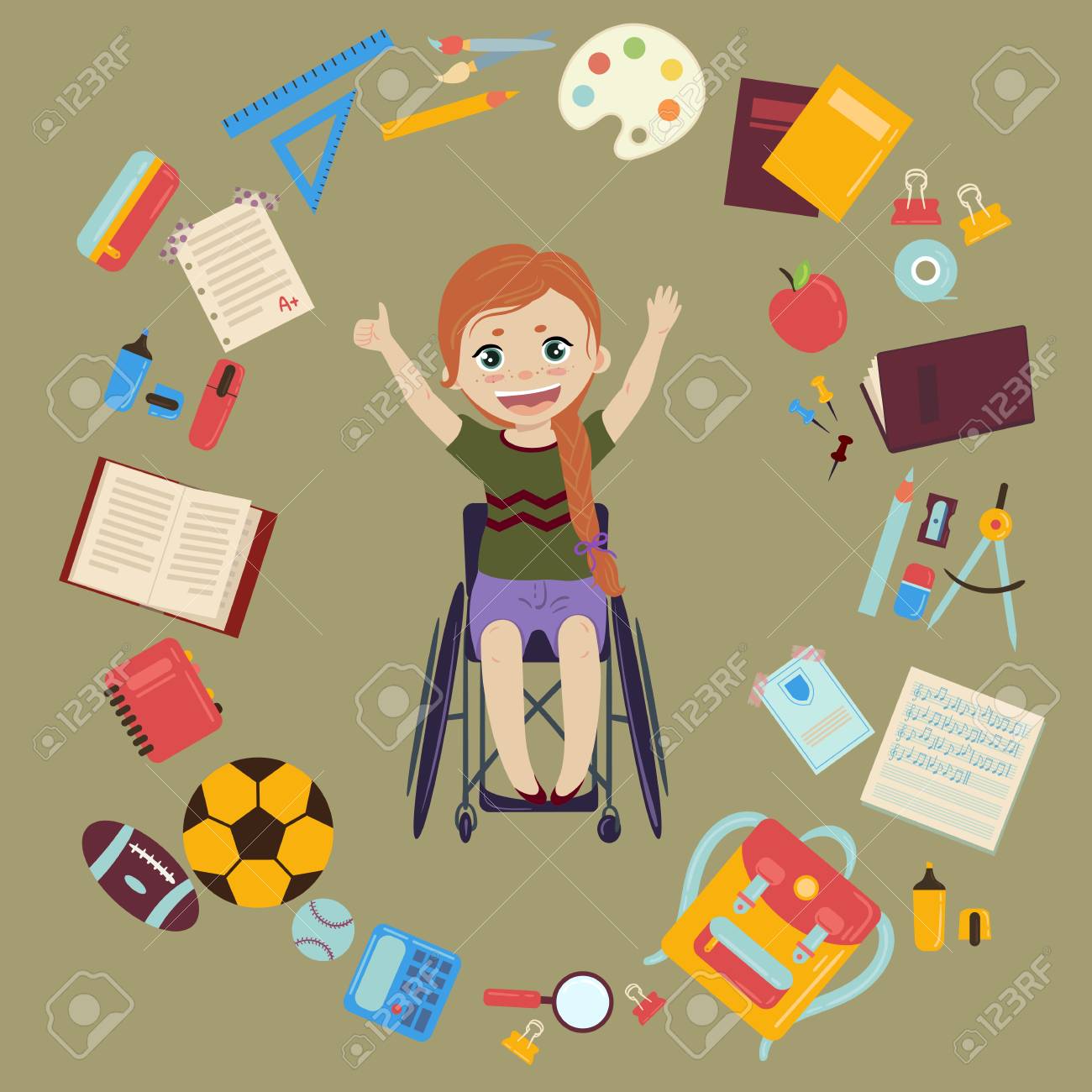 車椅子の小学生や中学生の女子高生が学校に戻り 授業の準備が整いました 女の子 のバックパックノートブック プランナー 鉛筆ケースの教科書リンゴ スポーツのためのボールからの供給 幸せな障害のある女の子 ベクトルイラスト のイラスト素材 ベクタ Image