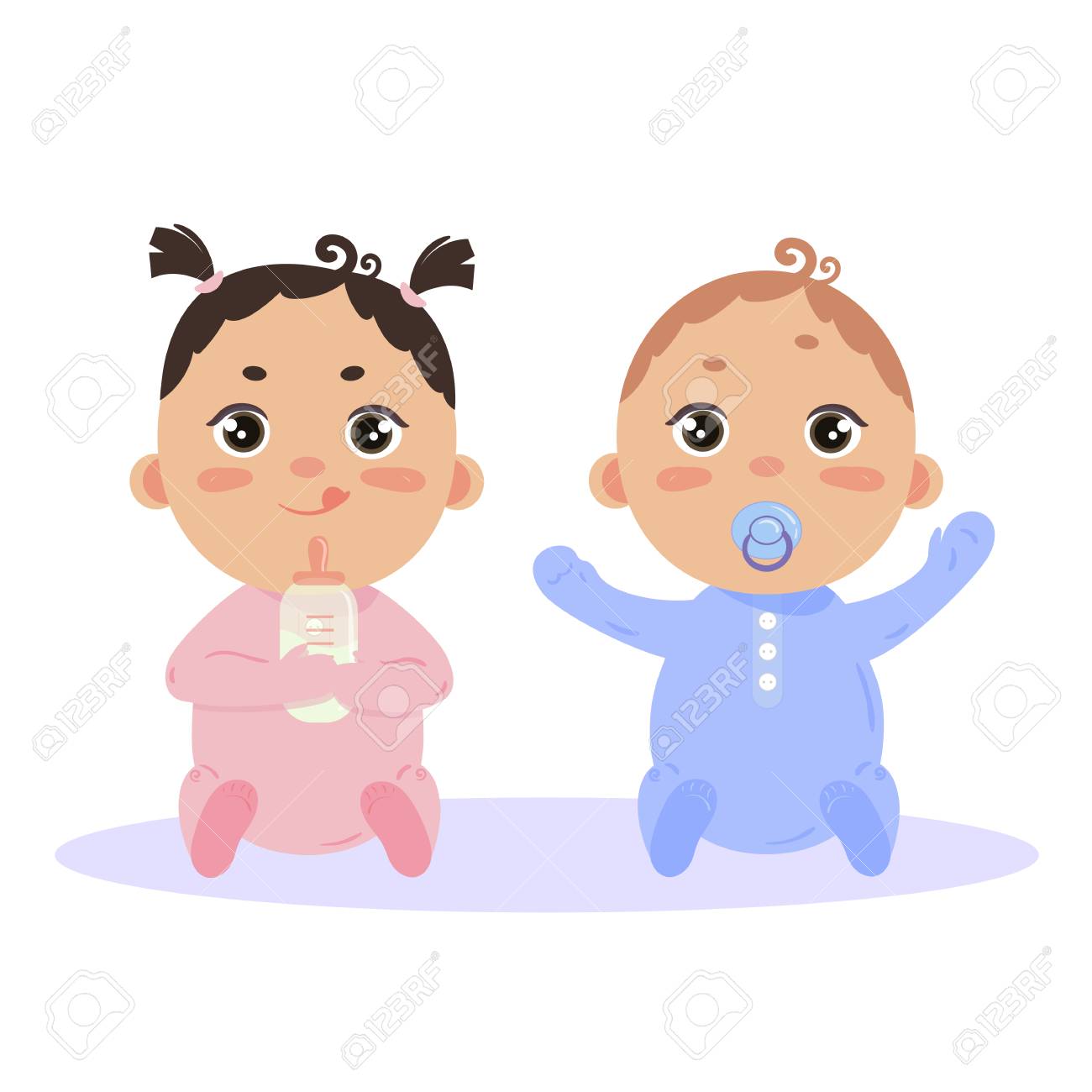 長袖と傷のミトンで新生児の女の子と男の子 乳首とミルクボトルと一緒に座っている ピンクとブルーのかわいい子供たちは 白い背景に隔離されています のイラスト素材 ベクタ Image 93083087