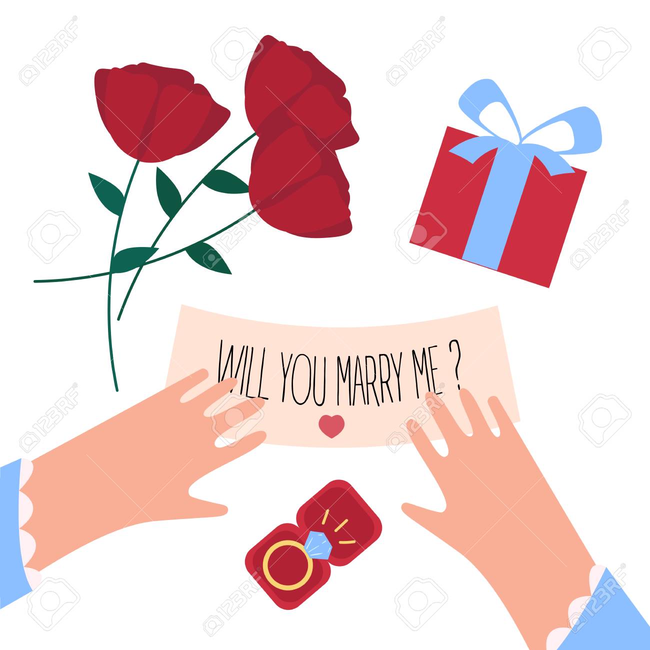 Vettoriale La Donna Ricevuta Mi Sposera Nota E Anello Di Fidanzamento Con Diamante In Una Scatola Di San Valentino Rose Rosse Mani Femminili Gioielli Regalo E Lettera Su Sfondo Bianco Image