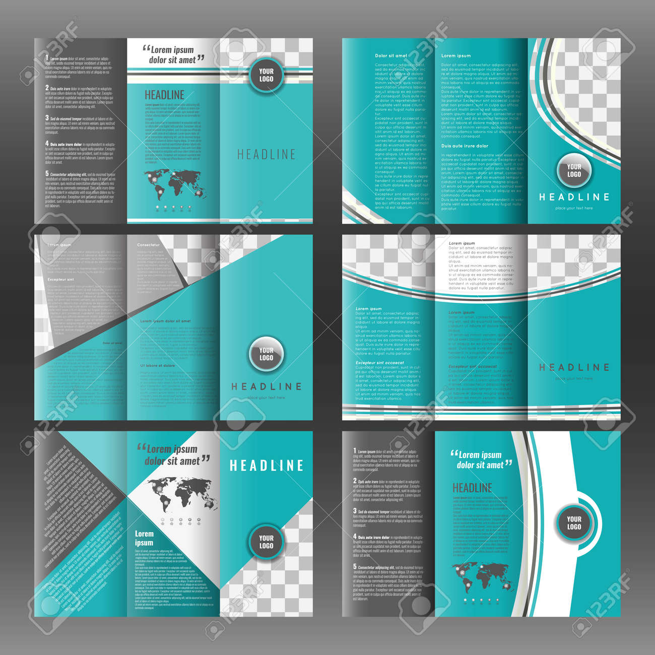 set of corporate trifold brochure templates design with world