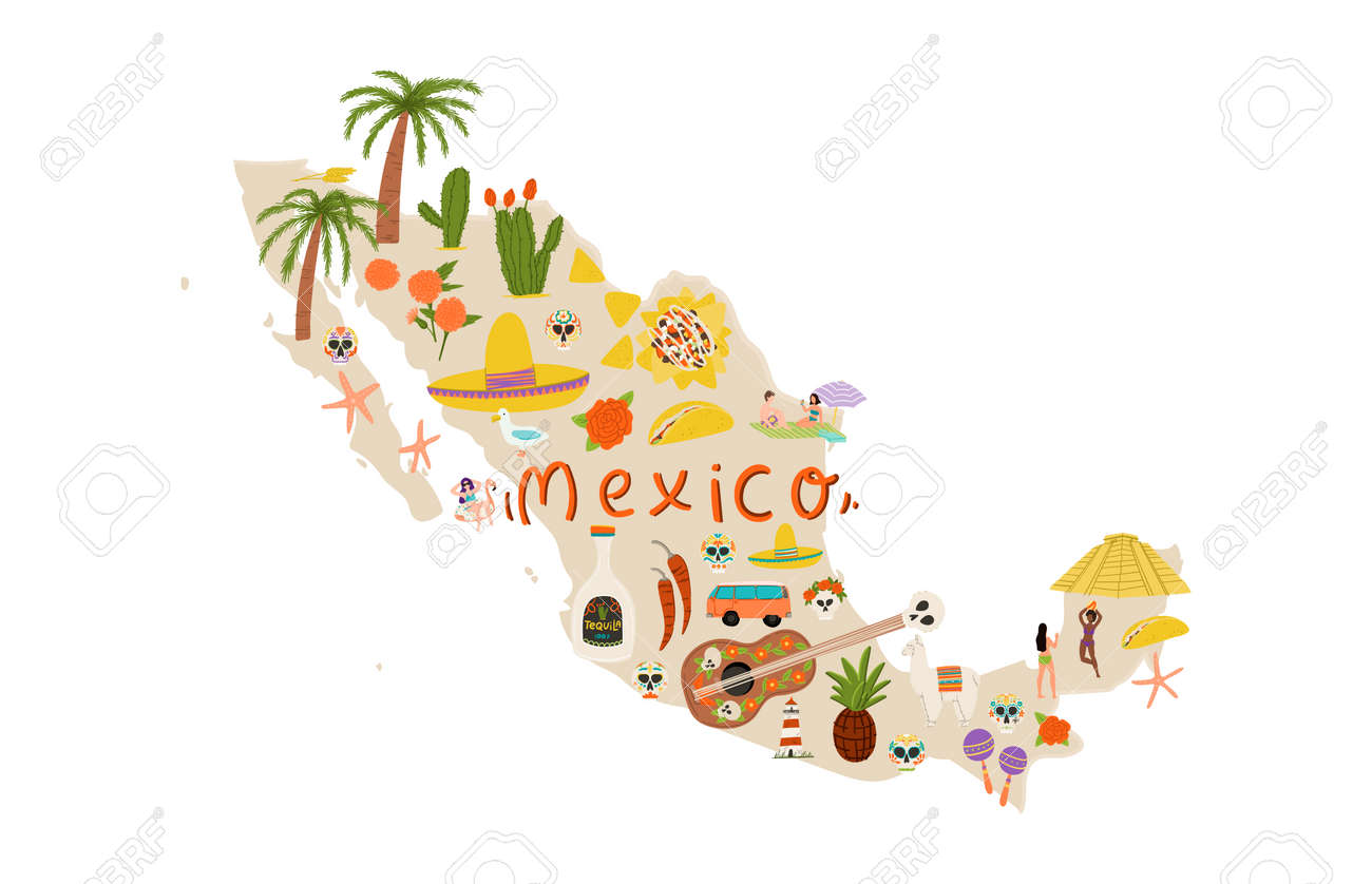 Hand Drawn Cartoon Flat Style Map Of Mexico With Symbols - Tequila, Cactus,  Taco, Nachos, Pyramid, Sombrero, Lama Etc. Stock Vector Royalty Free SVG,  Cliparts, Vectors, and Stock Illustration. Image 131796640., image size:1300x838