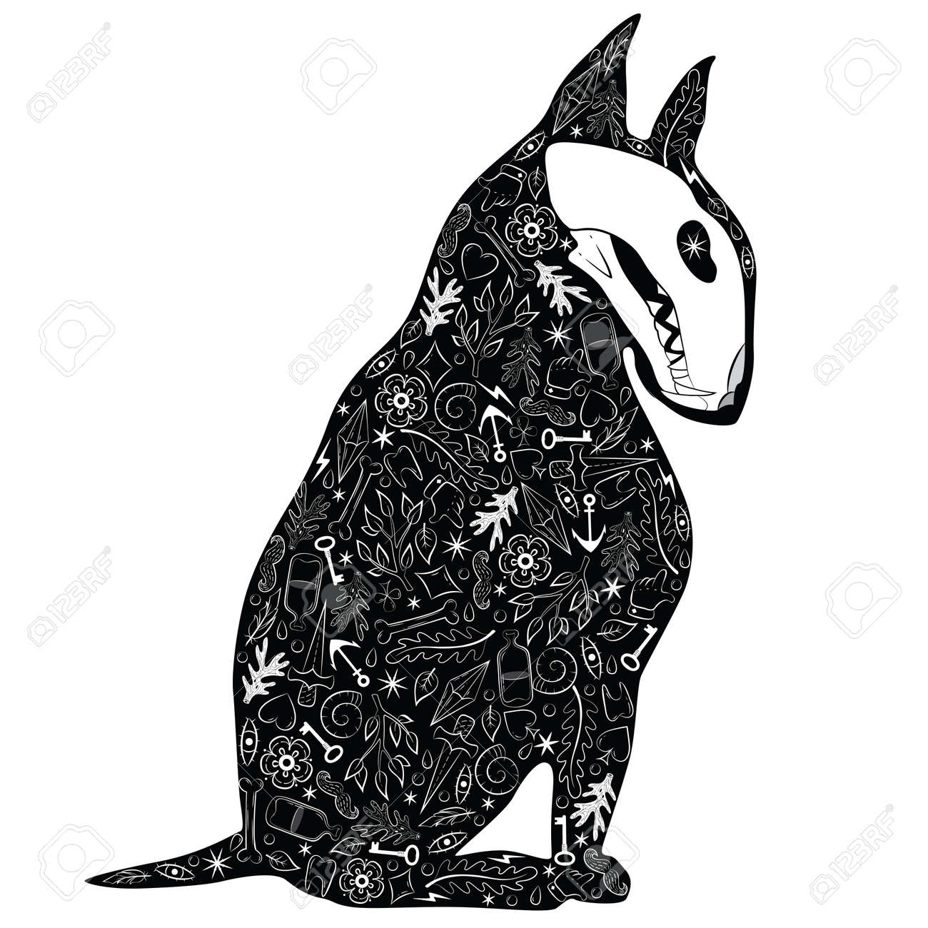 タトゥー パターンとスケルトンの犬と一緒にグリーティング カード 黒犬 ベクトル図 のイラスト素材 ベクタ Image