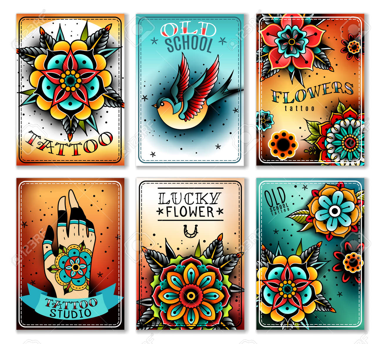 Old School Tattoo Art Flowers Mini Cards Banners Old School