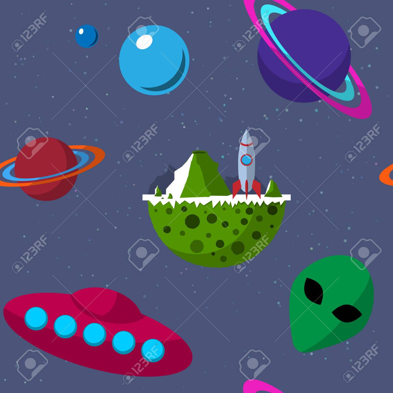 Seamless Pattern With Planets Ufo Alien Flying Saucer And