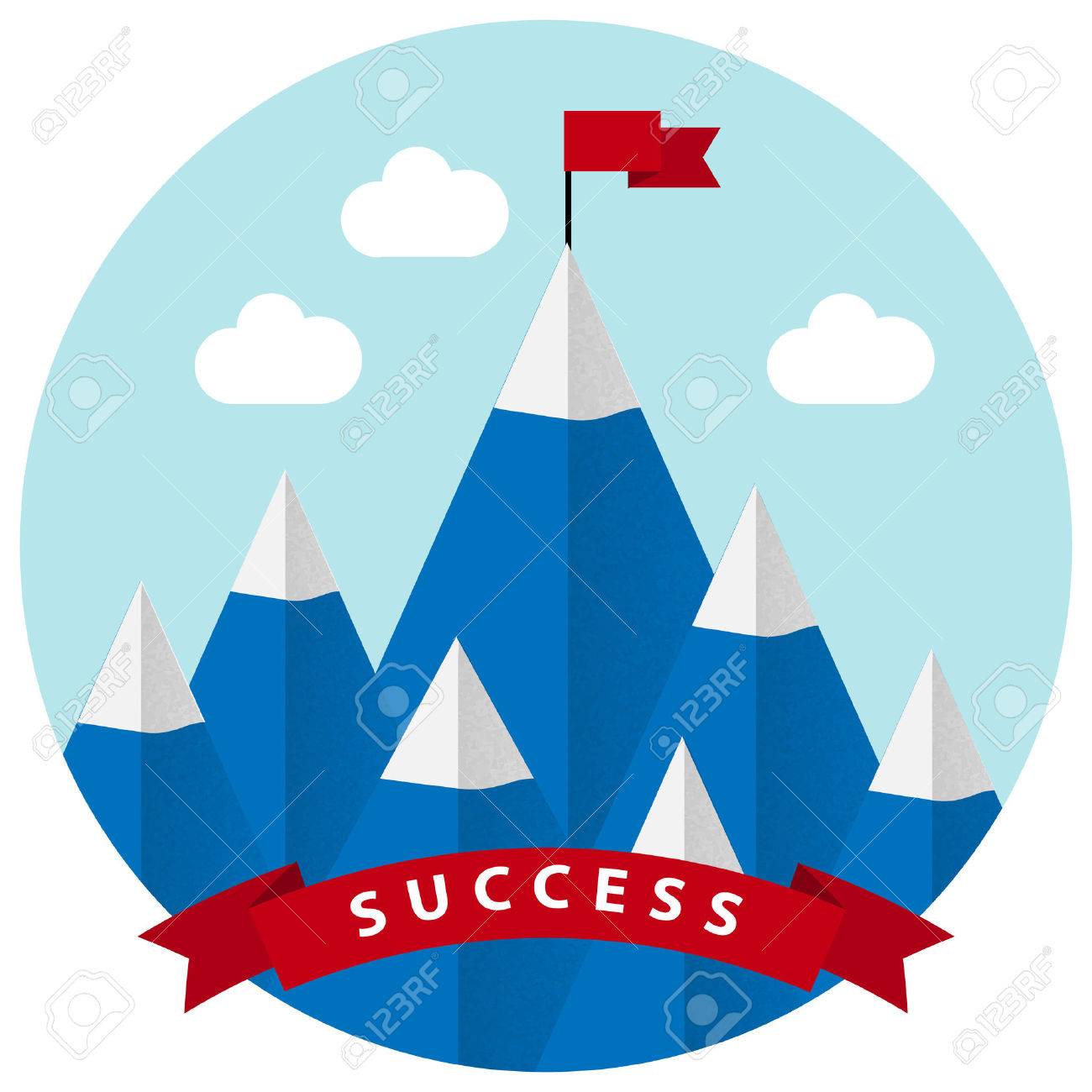Flat design vector illustration of success and victory. High mountain, ribbon, clouds, red flag on the mountain peak, winning strategy. Achieving the goal, winning strategy with focus on results. - 35764343 Flat design vector illustration of success and victory. High mountain, ribbon, clouds, red flag on the mountain peak, winning strategy. Achieving the goal, winning strategy with focus on results. - 35764343