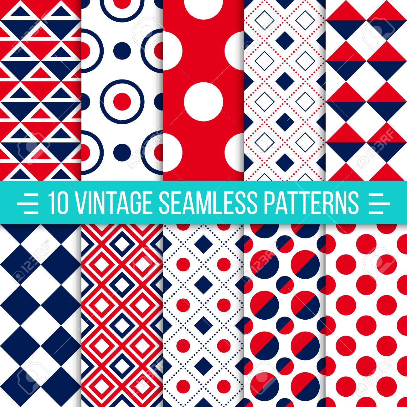 Set of 10 vintage vector seamless patterns. Retro geometric ornaments can be used for wallpaper, pattern fills, web page background. Red and dark blue color. Ideal for printing onto fabric and paper or scrap booking - 48781191 Set of 10 vintage vector seamless patterns. Retro geometric ornaments can be used for wallpaper, pattern fills, web page background. Red and dark blue color. Ideal for printing onto fabric and paper or scrap booking - 48781191