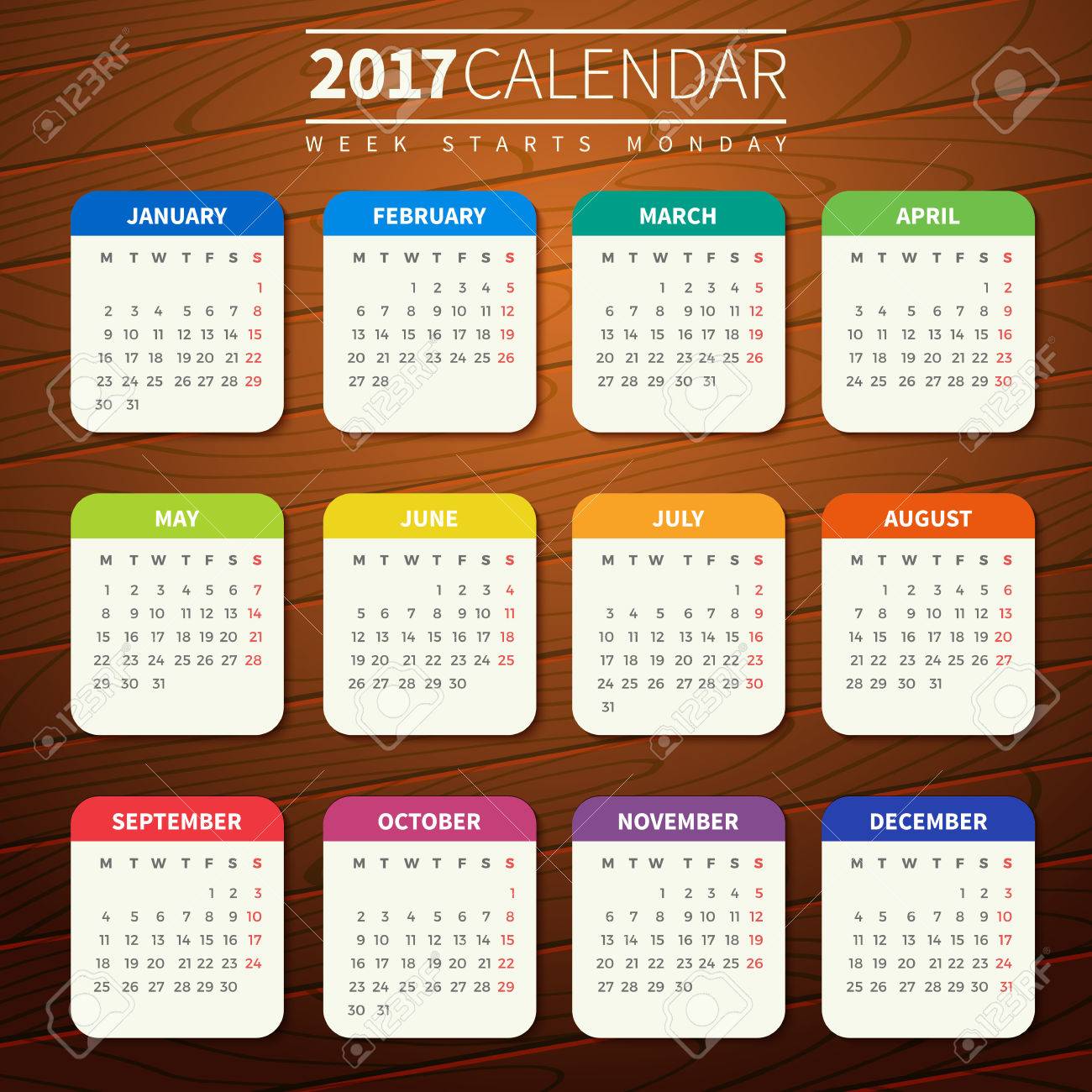Calendar for 2017 on Wooden Background. Week Starts Monday. Simple Vector Template. For web and print design. Vector illustration. Vertical orientation. Flat design color on wood texture - 65940494 Calendar for 2017 on Wooden Background. Week Starts Monday. Simple Vector Template. For web and print design. Vector illustration. Vertical orientation. Flat design color on wood texture - 65940494