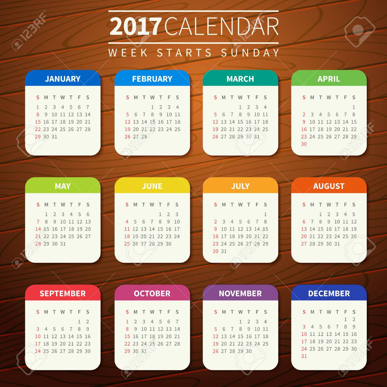 Calendar for 2017 on Wooden Background. Week Starts Sunday. Simple Vector Template. For web and print design. Vector illustration. Vertical orientation. Flat design color on wood texture - 66774687 Calendar for 2017 on Wooden Background. Week Starts Sunday. Simple Vector Template. For web and print design. Vector illustration. Vertical orientation. Flat design color on wood texture - 66774687