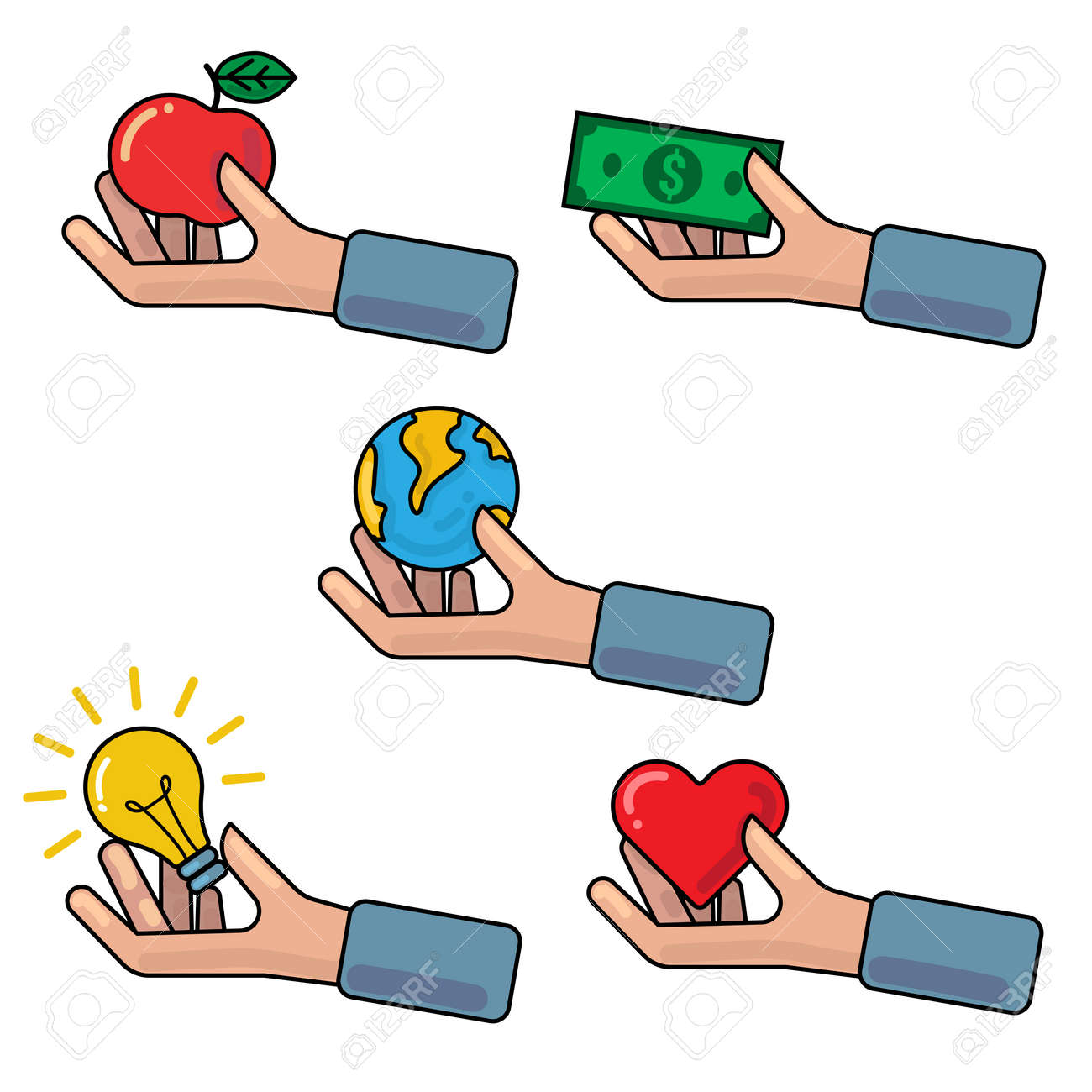 Vector outline illustration with hand holding or giving red apple, Earth globe, money banknote, light bulb, red heart symbol. Concept of investment, donation, crowdfunding, charity, contribution, support, philanthropy - 67176882 Vector outline illustration with hand holding or giving red apple, Earth globe, money banknote, light bulb, red heart symbol. Concept of investment, donation, crowdfunding, charity, contribution, support, philanthropy - 67176882