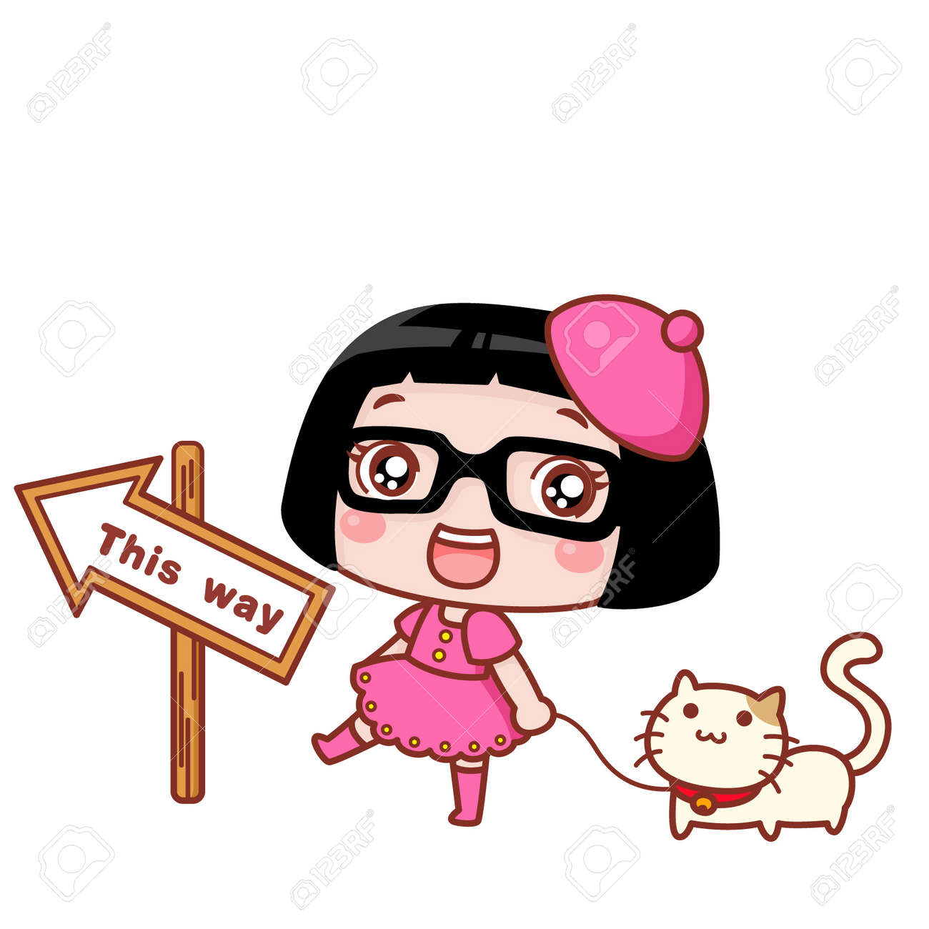猫とかわいい漫画の女の子のイラスト素材 ベクタ Image