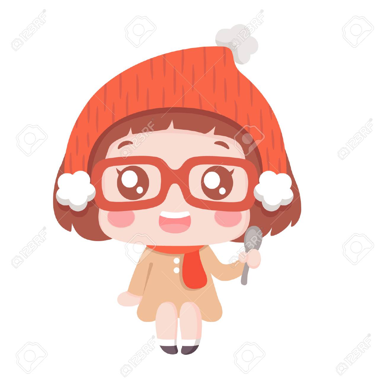 Cute Cartoon Girl In Winter Wear Holding A Spoon Royalty Free
