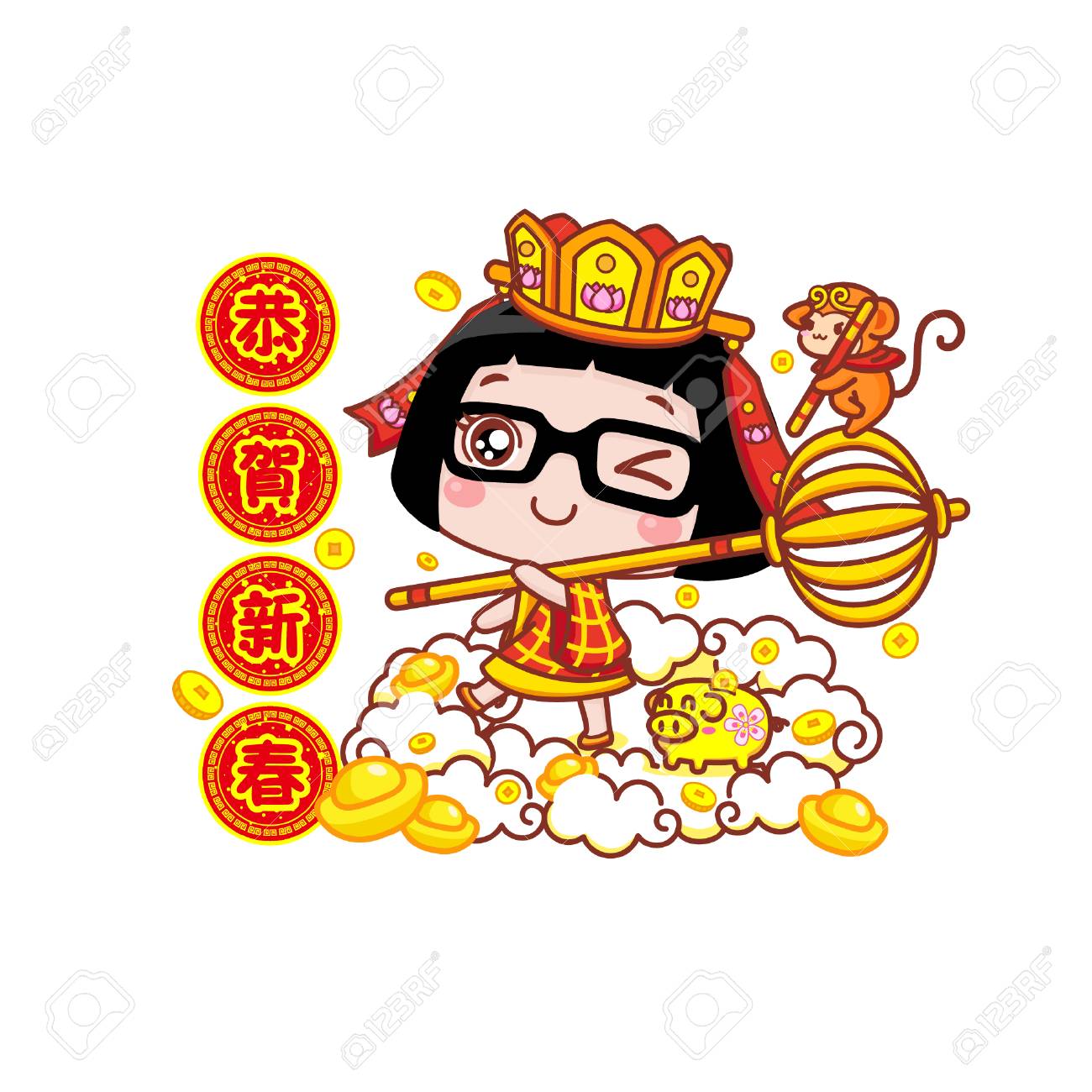 かわいい漫画の女の子中国の新年の挨拶のイラスト素材 ベクタ Image かわいい漫画の女の子中国の新年の挨拶のイラスト素材 ベクタ Image