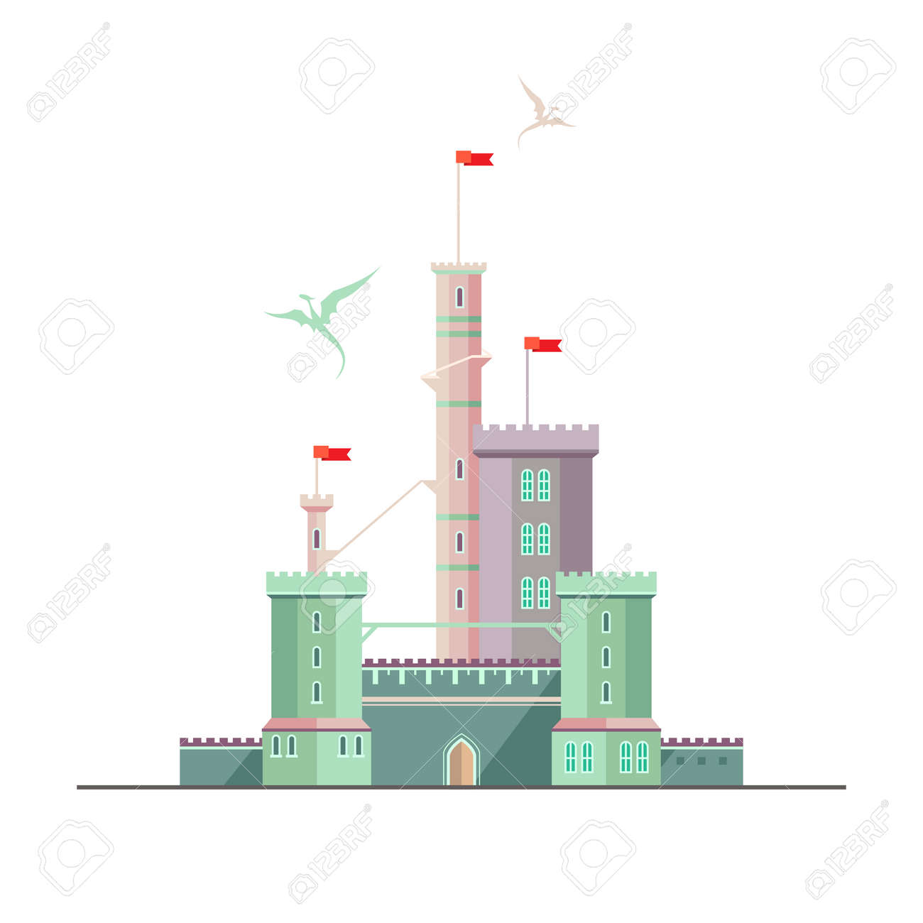 りゅうおう変身のファンタジーの城 フラット スタイルの図 書籍 ゲームの背景 Web デザインなどに使用できます のイラスト素材 ベクタ Image