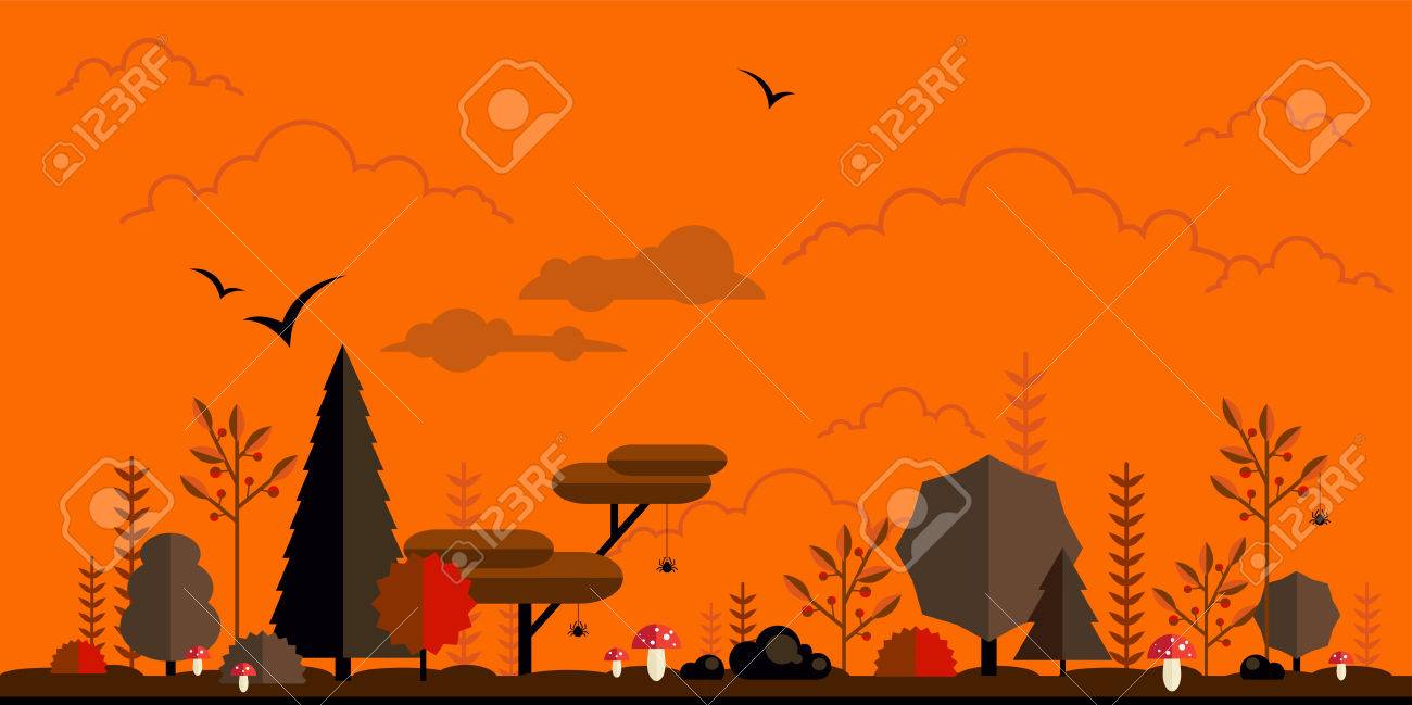 Halloween forest flat background. Simple and cute landscape for..