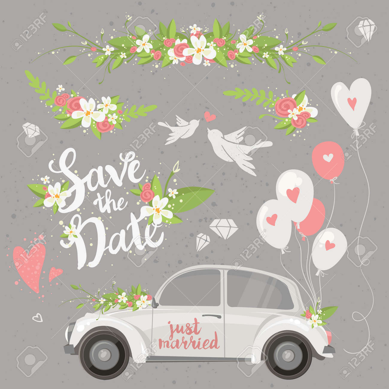 Belle Clipart De Mariage Regle Avec Retro Voiture Des Fleurs Des