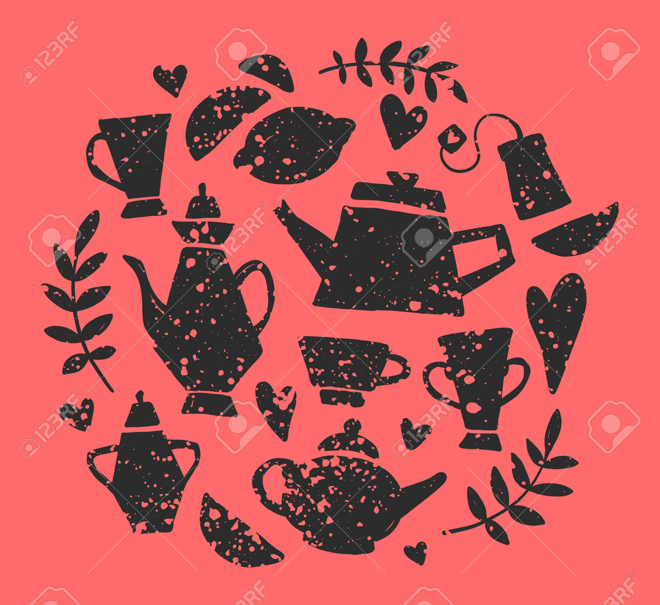 お茶会の手書き落書きのセット 紅茶レタリング ベクター タイポグラフィ要素 スケッチのポット カップ ティーバッグ レモン 心 枝 ビンテージ茶時間のコレクションです 別のティーポットとカップ のイラスト素材 ベクタ Image