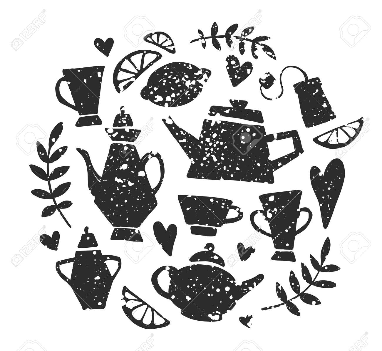 お茶会の手書き落書きのセット 紅茶レタリング ベクター タイポグラフィ要素 スケッチのポット カップ ティーバッグ レモン 心 枝 ビンテージ茶時間のコレクションです 別のティーポットとカップ のイラスト素材 ベクタ Image