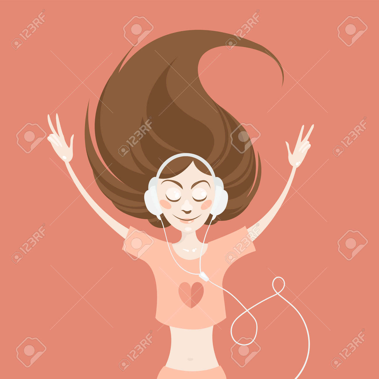 ヘッドフォンで音楽を聞いて美しいかわいいロマンチックな若い女の子のイラスト 素敵な音楽 キャラクター デザイン 春 夏気分 人生を楽しんでいます の イラスト素材 ベクタ Image 0232