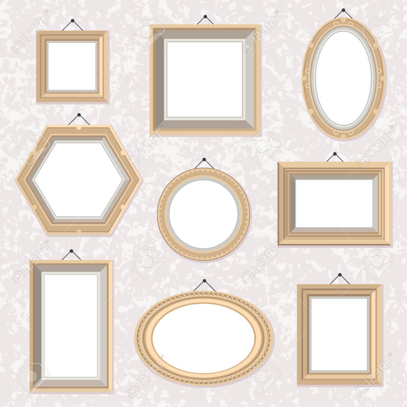 ベクトルは大理石のテクスチャ壁にフラット スタイル黄金フォト フレームのセット さまざまな形と色 写真 画像 図面 絵画フレーム ヴィンテージ レトロな イラスト かわいい漫画のフレーム 結婚式 Ivitations ポストカード ポスターに最適 のイラスト素材
