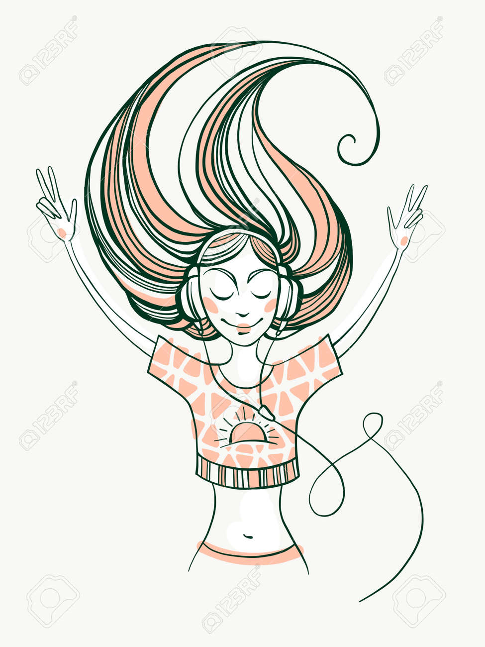 ウェーブのかかった髪のヘッドフォンで音楽を聴きながら美しいかわいいロマンチックな若い女の子のイラスト 素敵な音楽 キャラクター デザイン 春の気分 人生を楽しんでいます のイラスト素材 ベクタ Image 1067