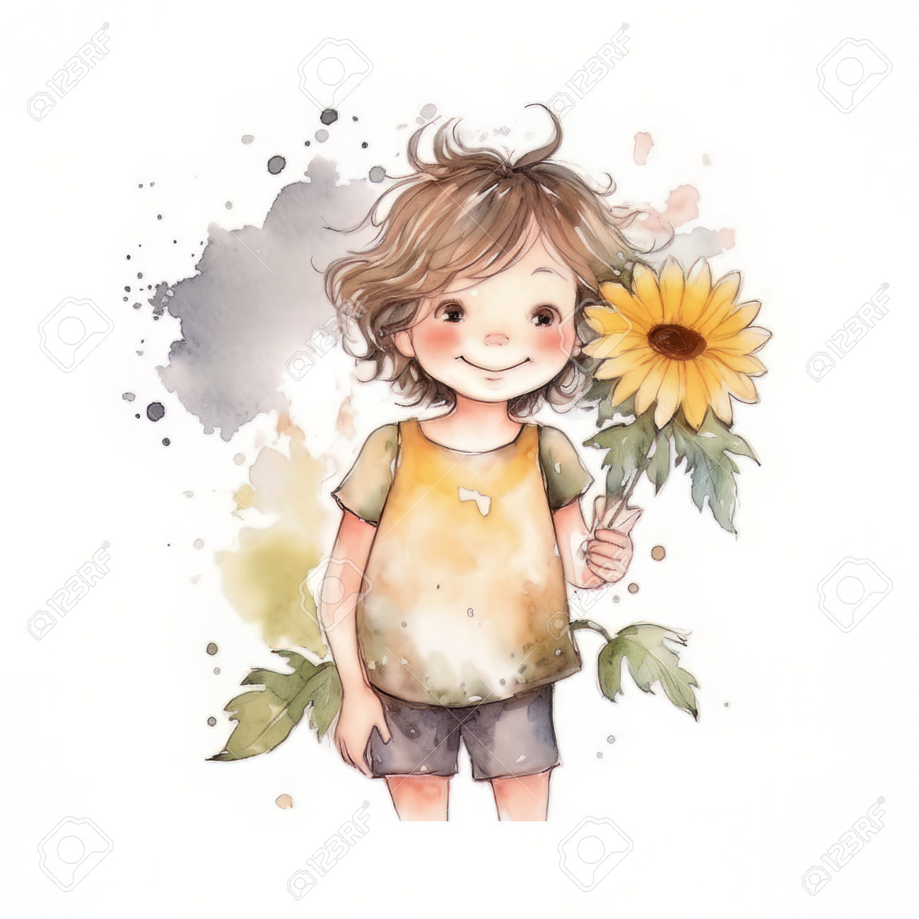 ひまわりを持つかわいい女の子。手描きの水彩イラスト 無料画像＆写真  